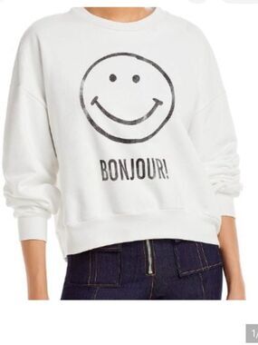 cinq a sept White Crewneck Sweatshirt with Black Smiley Bonjour